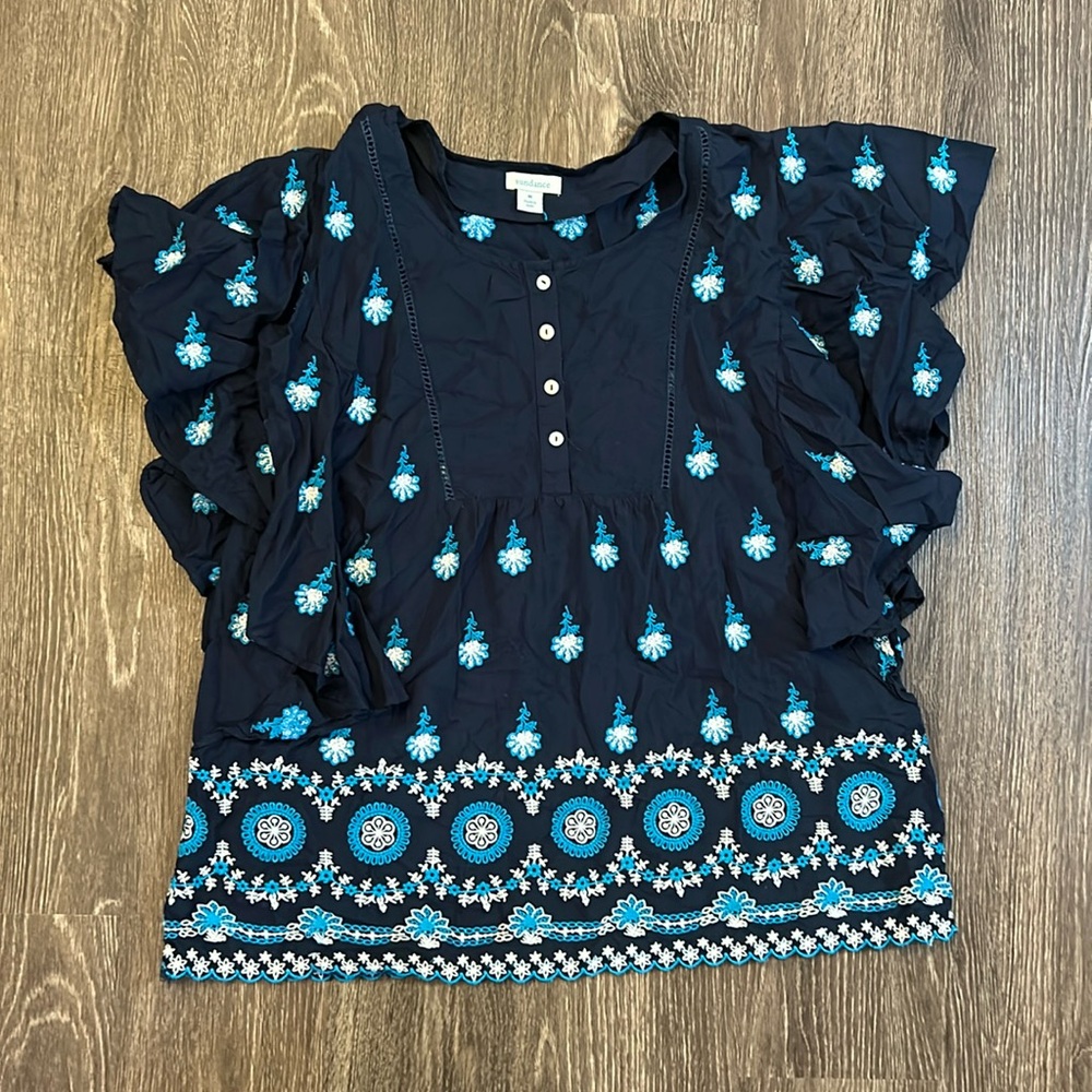 Navy Blue Floral Women's Top - Picture 2 of 7